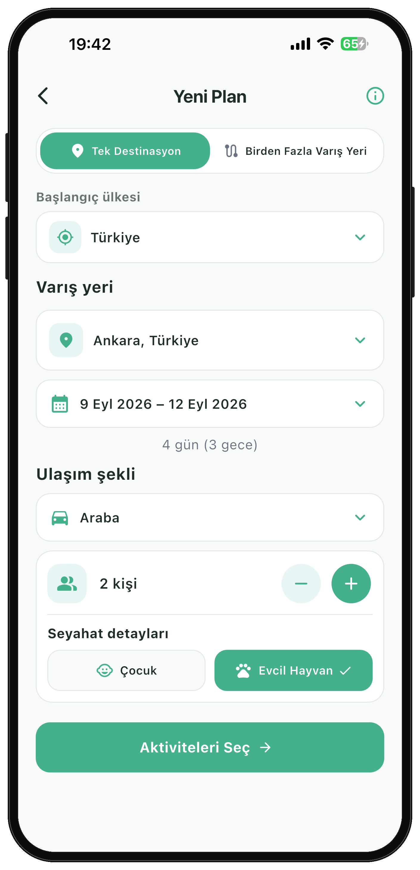 Yeni seyahat planı oluşturma ekranı